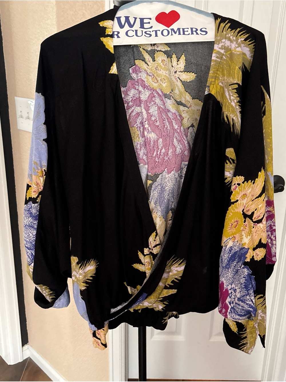 Free People Black Floral Draped Kimono Top with Yellow, Purple, and Blue Flowers